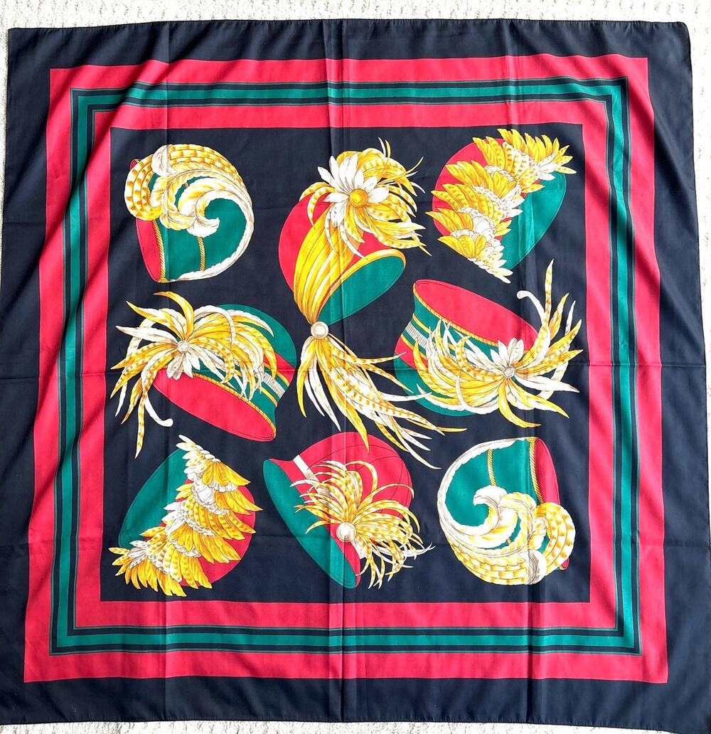 Silk Scarf with vintage hats motif 34" square red black green gold colorful chic